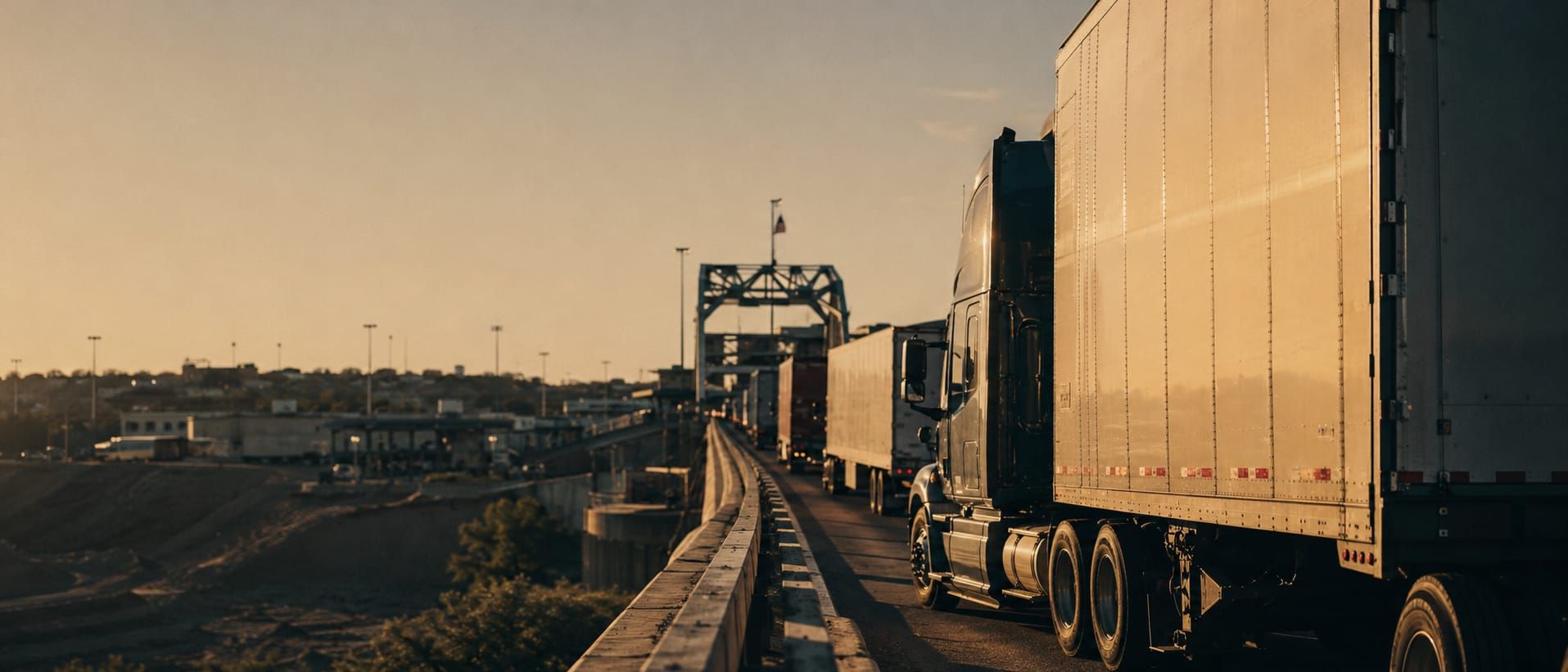 Fila de tractocamiones en el puente internacional rumbo a Laredo, Texas, al atardecer